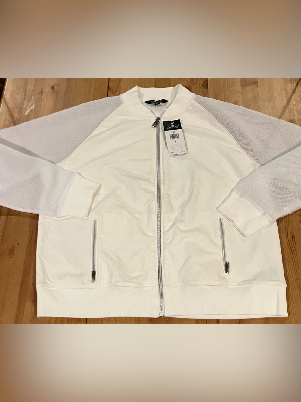 NWT Lauren Ralph Lauren Women’s White Full-Zip Bomber Jacket Mesh Sleeves SZ L